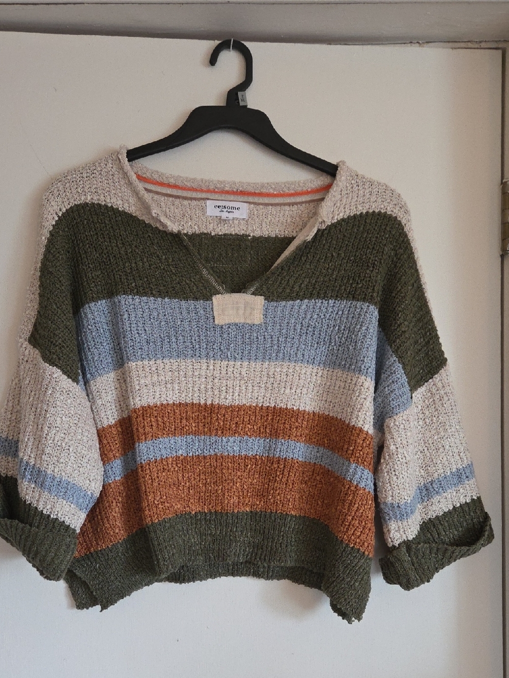 eesome Striped V-Neck Sweater in Olive, Rust, Sky Blue & Cream